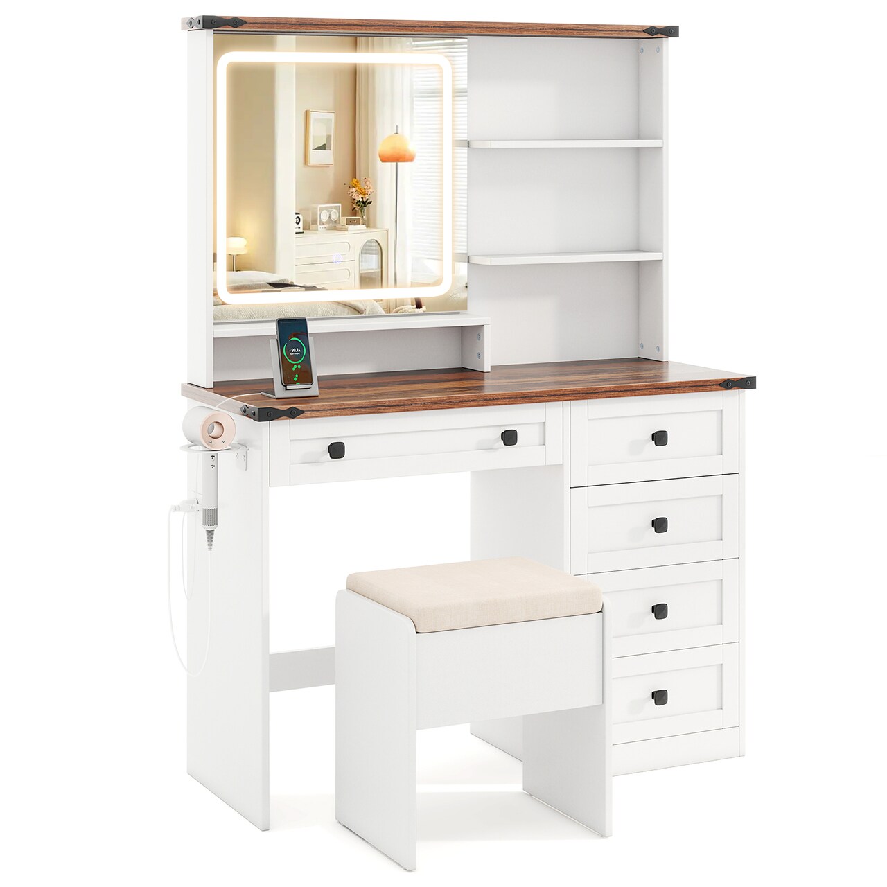 White and Dark Brown Makeup Vanity Table with 3-Color LED Mirror Storage Drawers and Stool